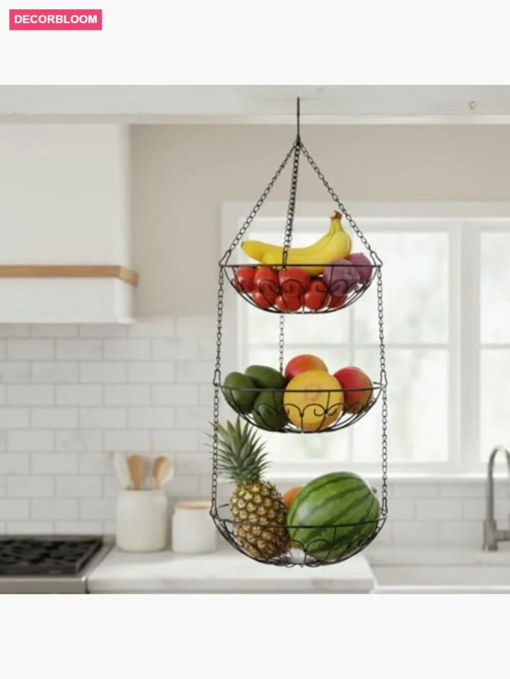 3-Tier Hanging Fruit Basket, Heavy Duty Wire Kitchen Storage Organizer